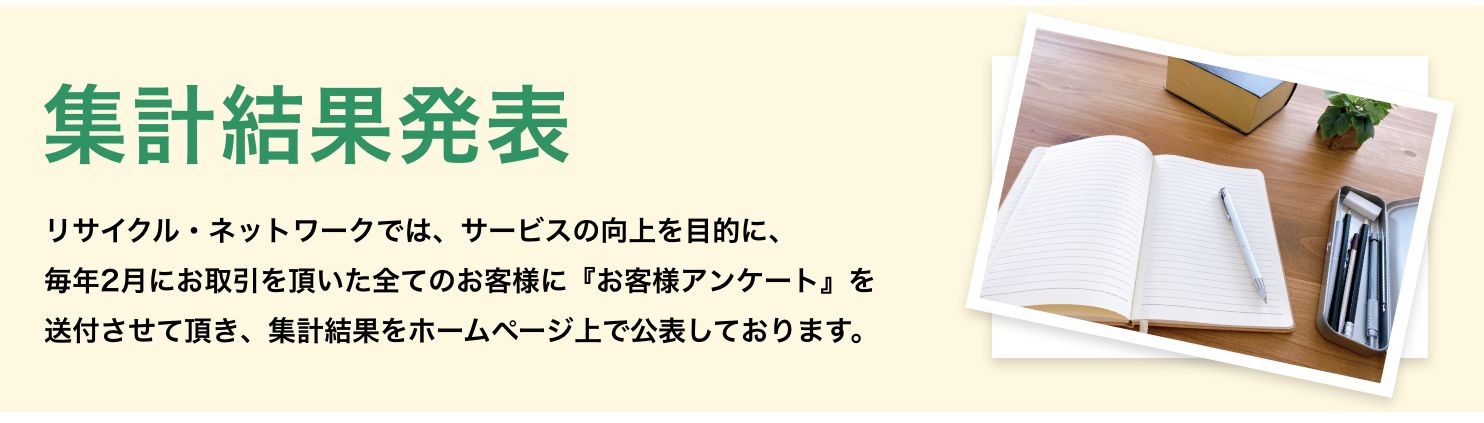 集計結果発表。リサイクル・ネットワークでは、サービスの向上を目的に、毎年2月にお取引を頂いた全てのお客様に『お客様アンケート』を送付させて頂き、集計結果を公表しております。